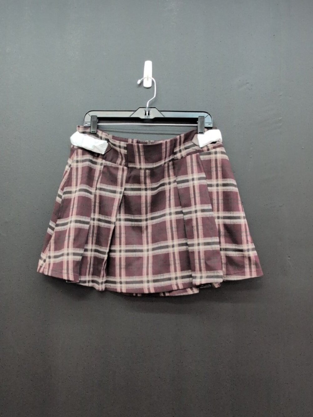 Disturbia Bramble Check Pleated Mini Skirt With Buckles US 12 Burgundy